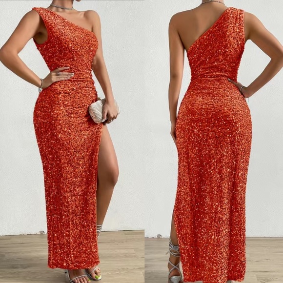 Luxe blue one shoulder slit thigh party formal evening sequins dress - Picture 10 of 16